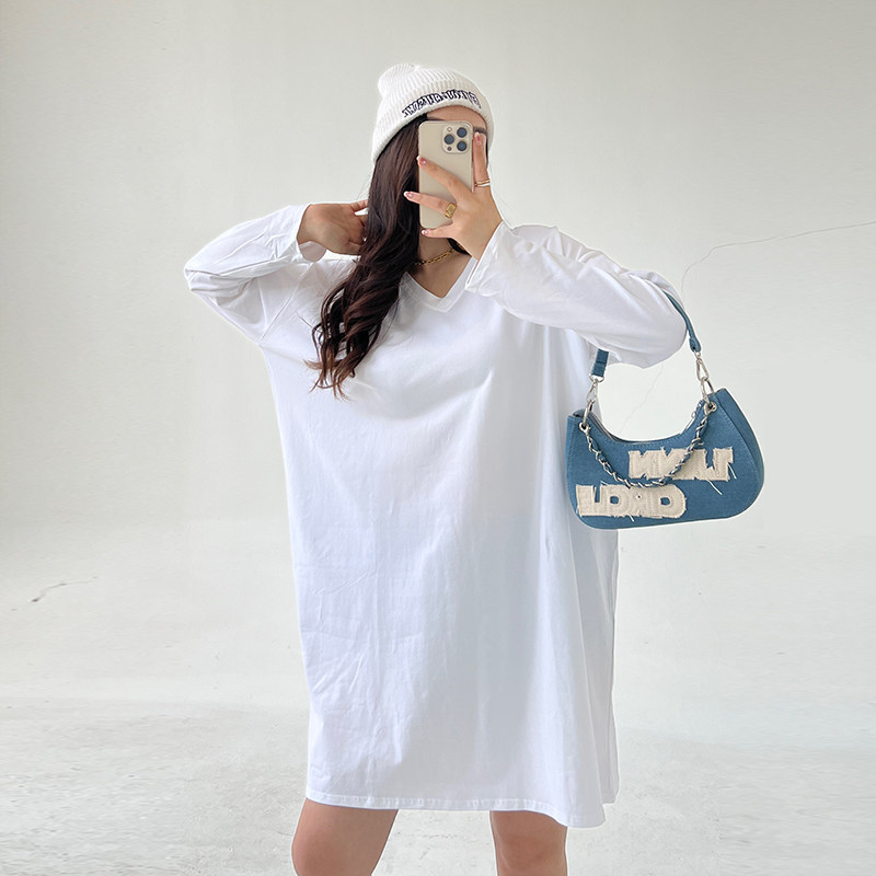 长袖v领t恤女春秋宽松长款纯棉大码宽松oversize慵懒风上衣打底衫