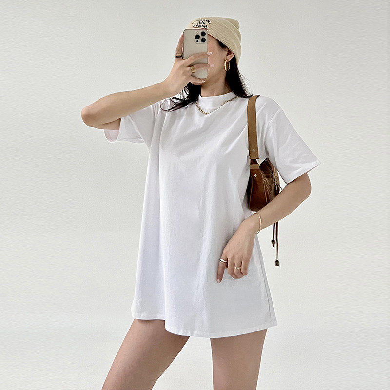 半高领短袖t恤女夏季纯棉宽松大码纯色下衣失踪中长款净版打底衫