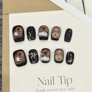 Guo穿戴甲卡皮巴拉显白可爱风纯手工俏皮多巴胺黑色美甲短款