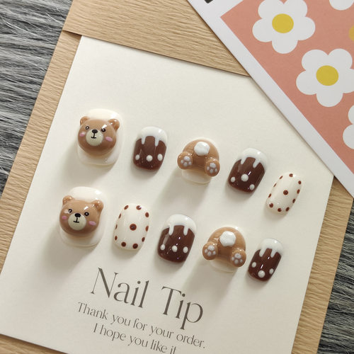 Guo穿戴甲奶油小熊纯手工夏日显白可爱卡哇伊风格可拆卸美甲短款