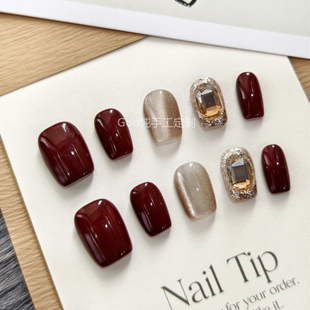 Guo穿戴甲玫红金漾显气质高贵猫眼纯手工温柔可拆卸短款 红色美甲