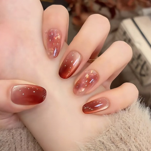 【胭脂幻影】红玛瑙金箔影穿戴甲朱砂晕染金箔细闪复古显白手工甲