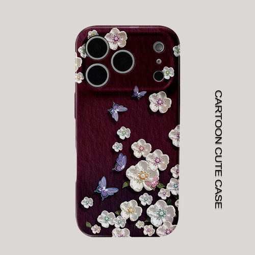 适用于iPhone17pro手机壳菲林壳酒红哑光立体浮雕白花紫蝴蝶手绘华为mate80promax苹果15/16/13磨砂软壳16pro