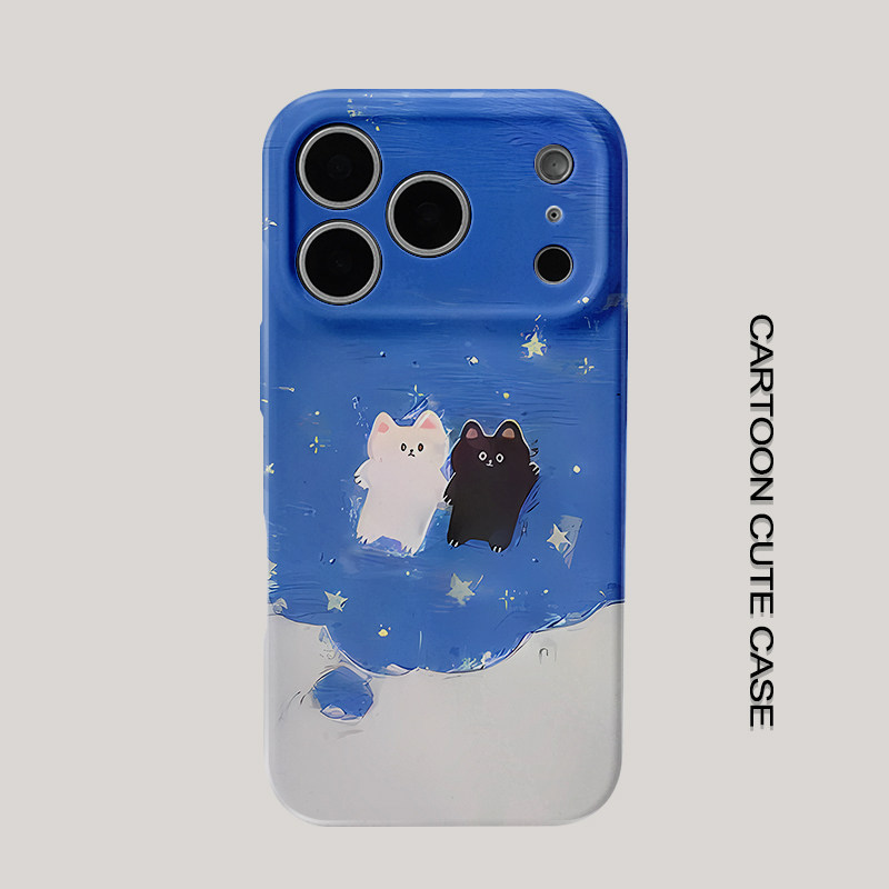 适用于iPhone17pro蓝白撞色猫咪手机壳星空星星黑白小猫牵手治愈华为mate80promax苹果15/16/13磨砂软壳16pro