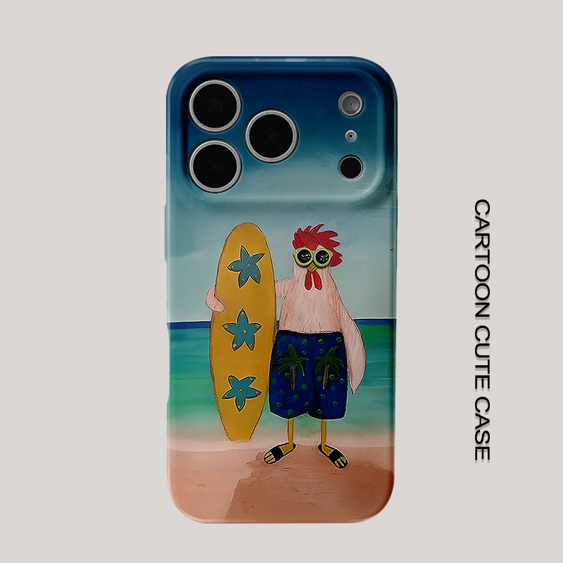 适用iPhone17pro菲林壳油画风冲浪小鸡手机壳趣味卡通沙滩公鸡华为mate80promax苹果15/16/13磨砂软壳16pro