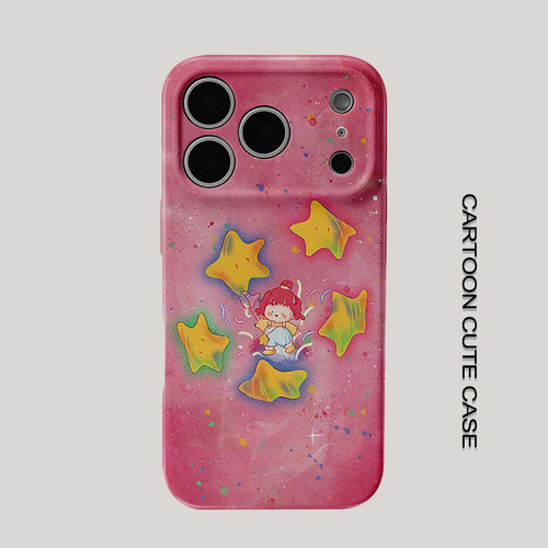 适用于iPhone17pro手机壳菲林壳玫红红发扎揪小女孩捕星星手绘华为mate80promax苹果15/16/13磨砂软壳16pro