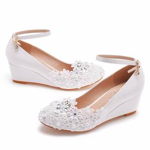 新娘鞋 20245厘米矮跟修脚显瘦高跟鞋 女鞋 圆头坡跟单鞋 孕妇婚礼白