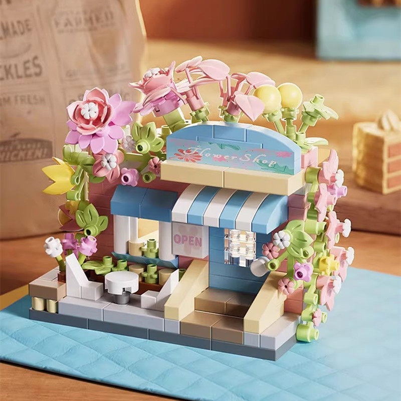 积木花坊益智拼装玩具创意桌面摆件小颗粒拼插花店街景儿童礼物