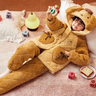 女童卡通连帽夹棉家居服套装2026新款秋冬款加厚三层保暖可外穿
