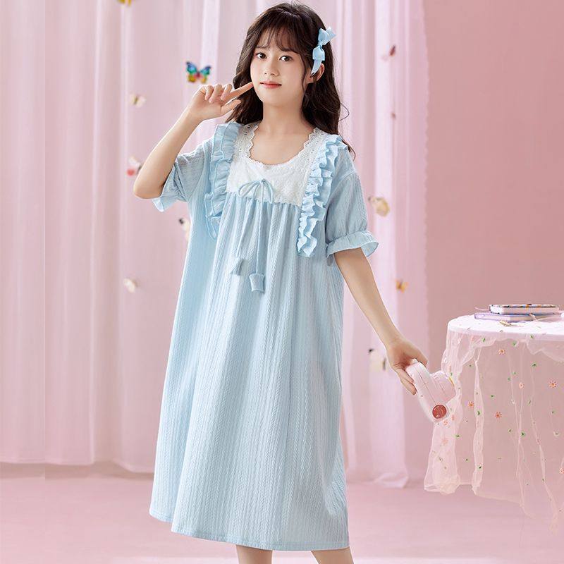 甜美风女童睡裙2026新款夏季纯棉短袖荷叶边中大童家居服睡衣裙,童装/婴儿装/亲子装,家居裙/睡裙,淘宝优惠券,粉丝福利购,淘宝优惠卷