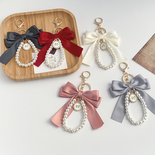 创意蝴蝶结珍珠链钥匙扣女性时尚包包挂件汽车钥匙链个性飘带挂件