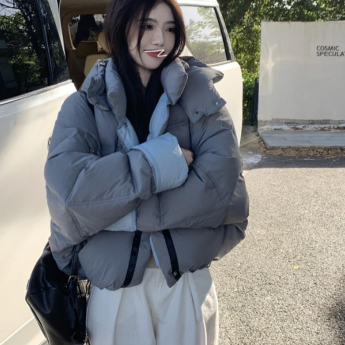 韩版甜美风双面穿短款连帽棉服女