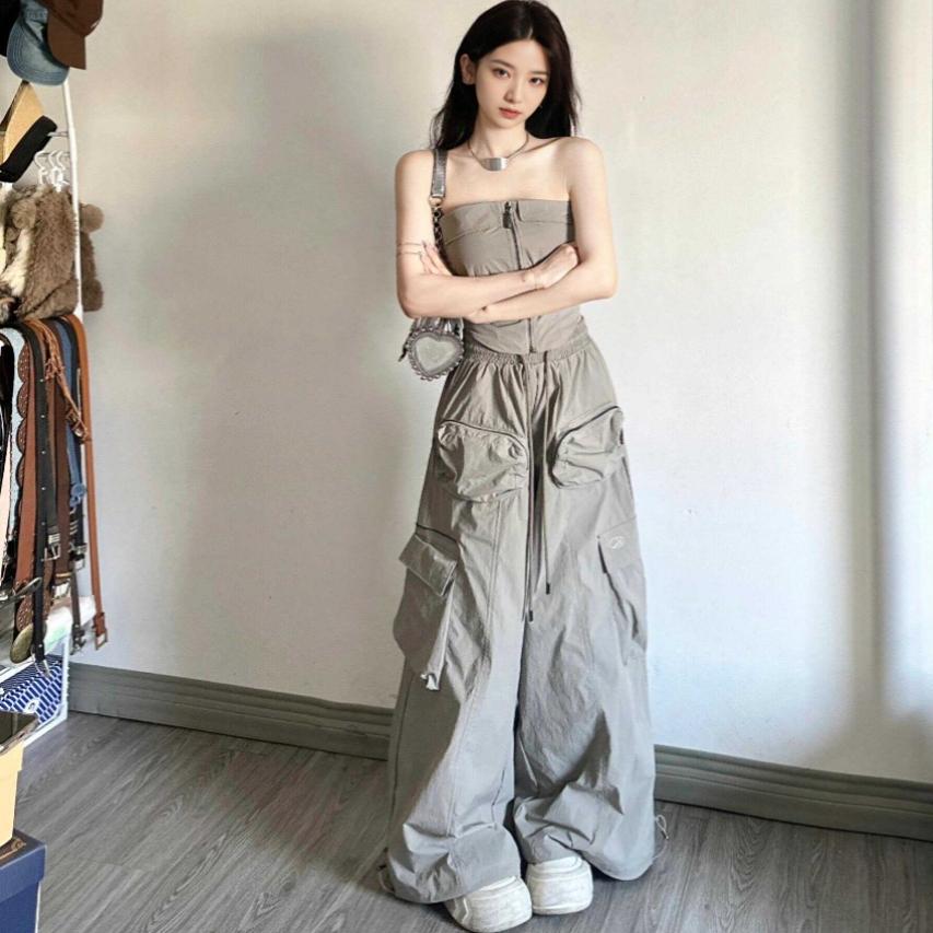 美式辣妹风夏季新款一字肩露肩抹胸上衣显瘦阔腿裤工装裤两件套装
