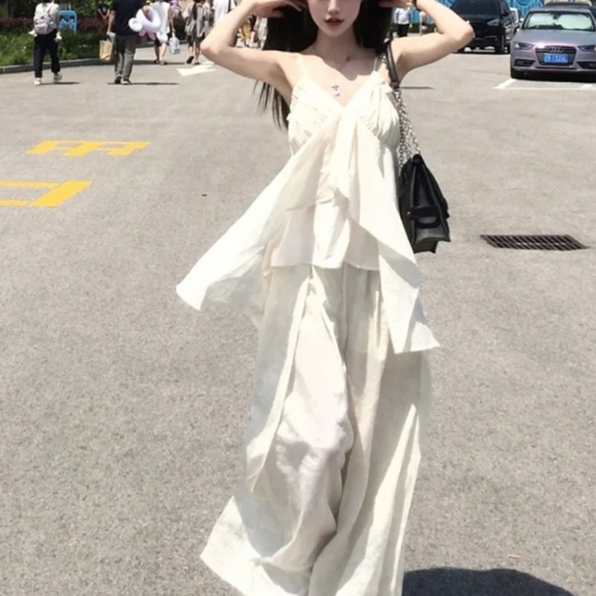 夏季海边度假一整套女V领吊带上衣休闲阔腿裙裤子慵懒风两件套女