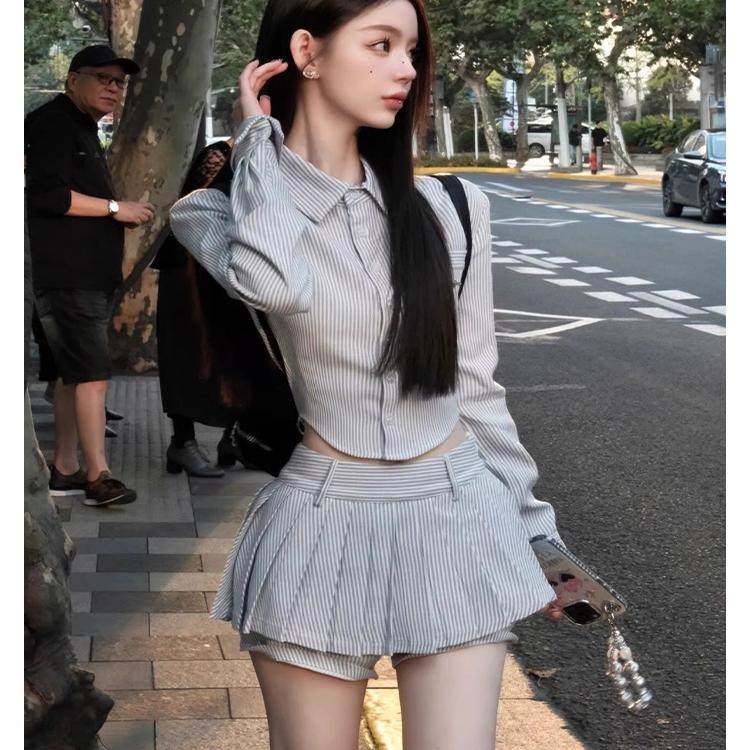 复古蓝色条纹不规则修身短款衬衫女春季新款高腰设计百褶短裙套装,女装/女士精品,时尚套装,淘宝优惠券,粉丝福利购,淘宝优惠卷