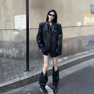 高级感炸街黑色PU皮衣外套女春季新款港风复古宽松气质西装上衣女