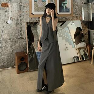 灰色西装气质套装女2026夏季新款V领马甲休闲开叉半身裙两件套女