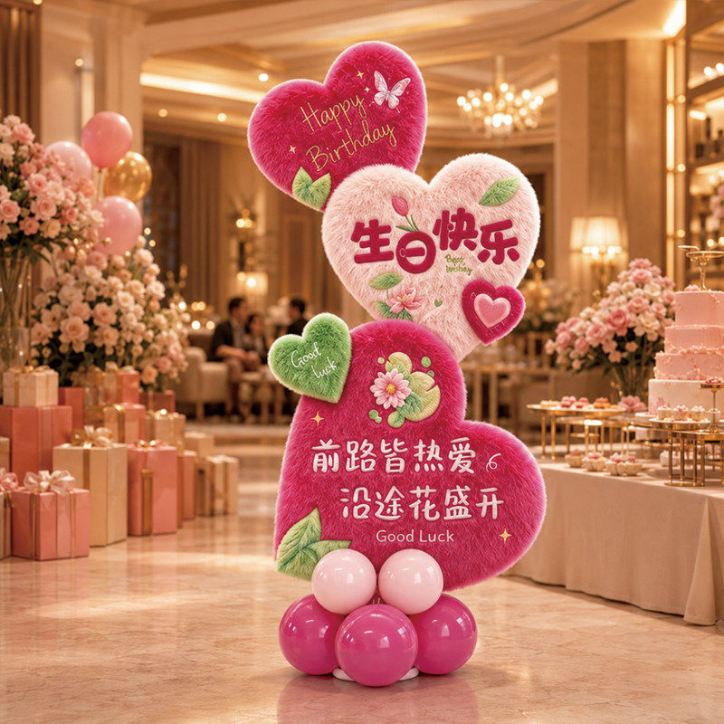 成人礼心形生日快乐迎宾牌场景布置气球立柱kt板路牌女孩氛围装饰