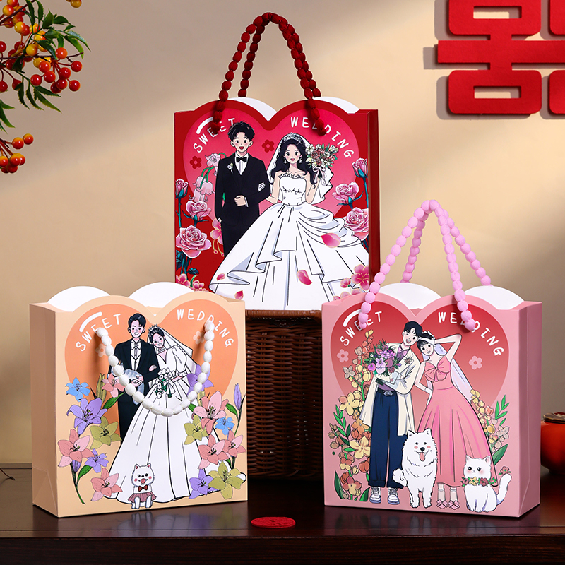 结婚伴手礼袋子红色回礼喜字手提袋婚礼喜糖盒子订婚礼品袋包装袋