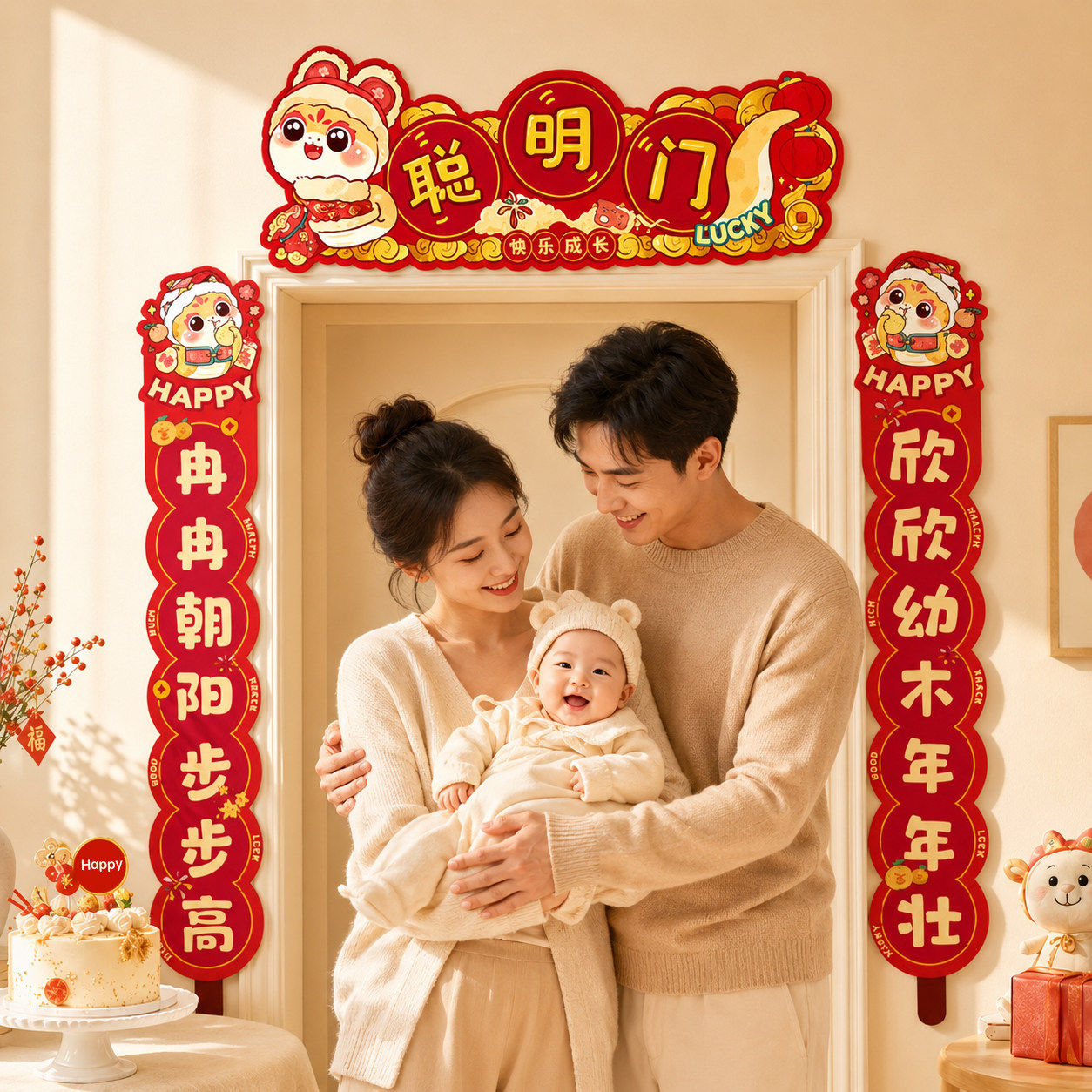 聪明门蛇宝宝周岁生日仪式感抓周道具装饰场景过葱门对联拍照布置