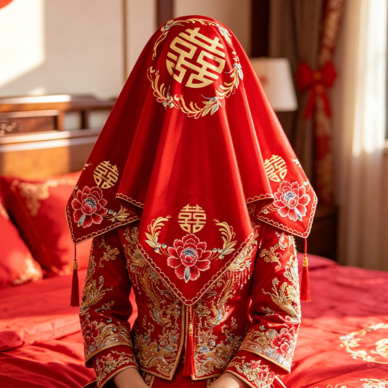 红盖头高档刺绣结婚新娘秀禾服中式婚礼红色蒙头陪嫁头饰婚庆用品