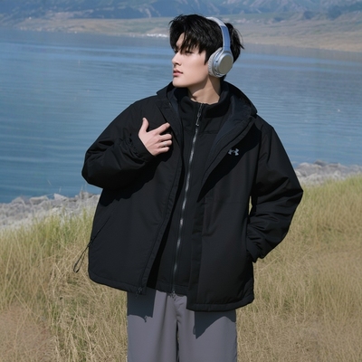 安德玛三合一外套男秋冬运动服户外冲锋上衣黑色防风衣连帽夹克