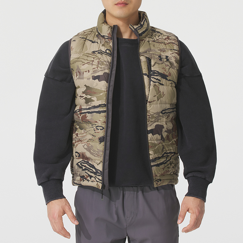 安德玛官方迷彩羽绒马甲男冬季防风保暖轻盈背心户外运动坎肩