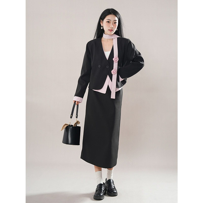 韩系设计感通勤套装女春季2025新款假两件拼接西装外套半裙两件套,女装/女士精品,时尚套装,淘宝优惠券,粉丝福利购,淘宝优惠卷