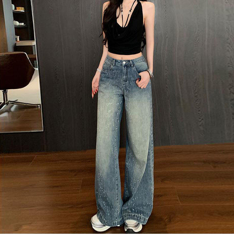 李李服饰加绒满天星烫钻爆闪阔腿宽松牛仔裤女2025超火冬季拖地裤