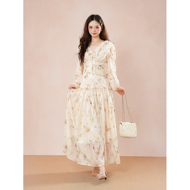 晚风秋日 法式优雅印花长袖连衣裙女25早秋新款收腰显瘦气质长裙