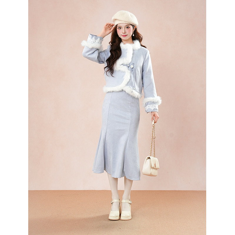 良辰美景  拼接毛毛蓝色短外套上衣鱼尾半身裙长裙两件套装秋冬女,女装/女士精品,时尚套装,淘宝优惠券,粉丝福利购,淘宝优惠卷