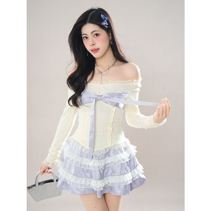 芋泥蛋糕 春季森系甜美氛围感纯欲显瘦蝴蝶结方领上衣短裙两件套