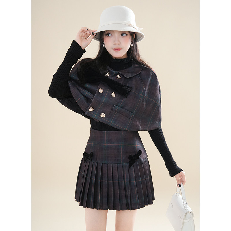 2025年新款韩版英伦学院斗篷披肩格纹高级洋气外套百褶半身裙套装,女装/女士精品,时尚套装,淘宝优惠券,粉丝福利购,淘宝优惠卷