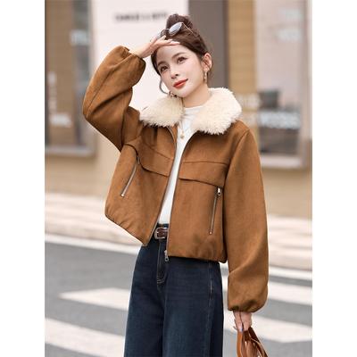 鹿皮绒毛领短款加绒外套