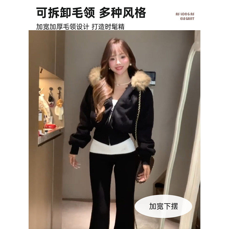 黑色毛领加绒厚外套连帽卫衣女初冬季小个子正肩美式修身短款上衣