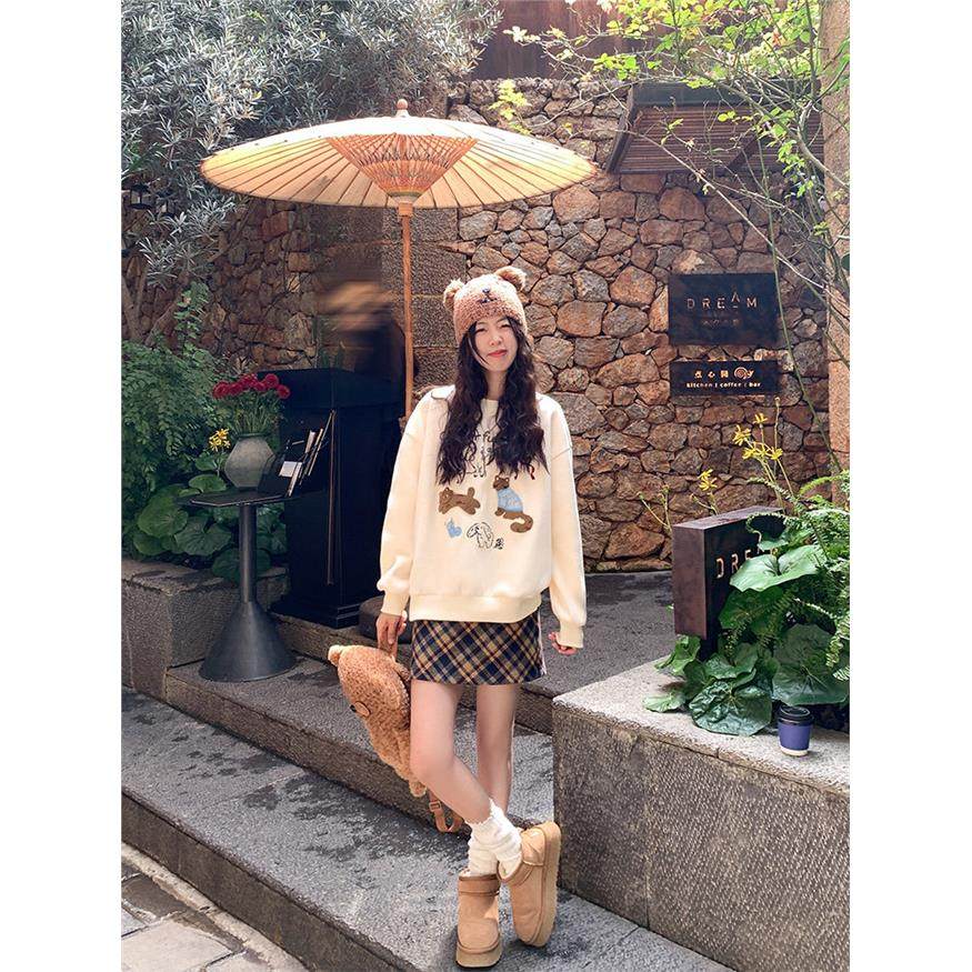 韩系刺绣无帽圆领卫衣女秋冬宽松慵懒风长袖上衣加绒加厚