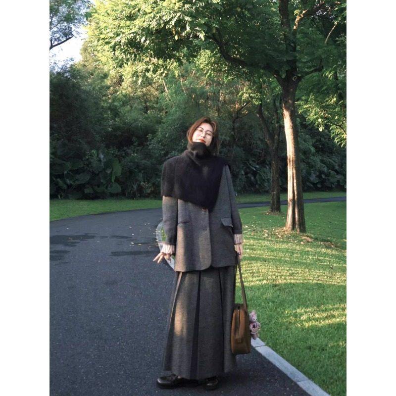 韩系大码女装胖mm秋冬显瘦呢子西装裙子两件套毛呢西服半身裙套装