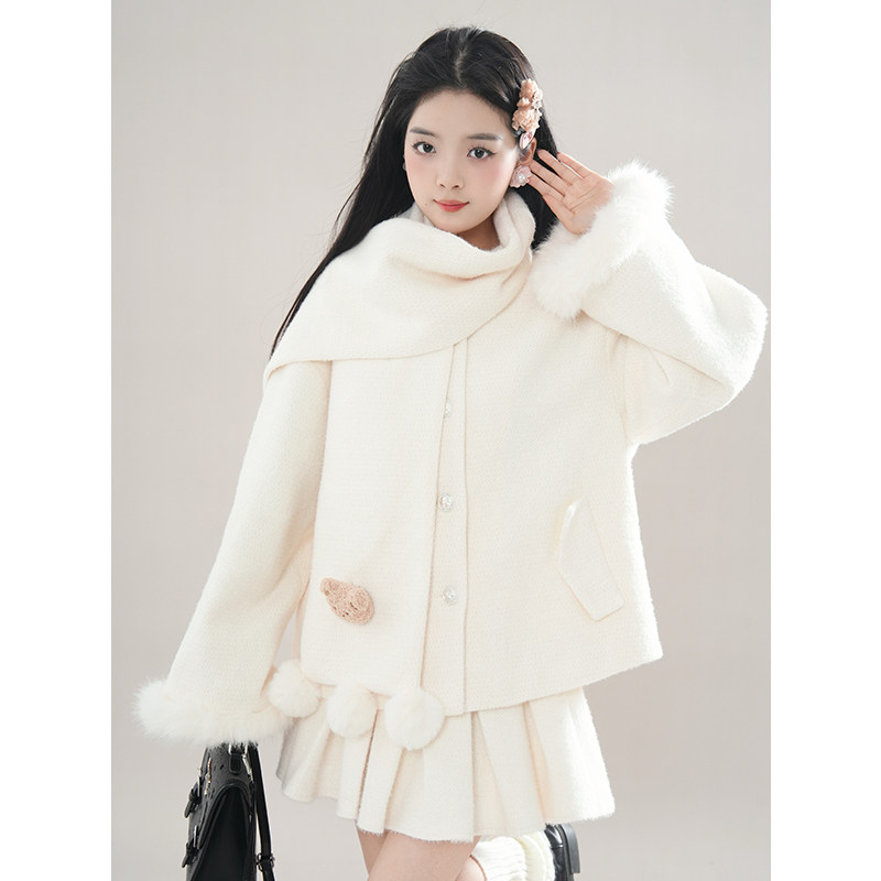 安纳茜童话 冬装新款日系甜美设计感绒球围巾毛绒绒外套半裙套装,女装/女士精品,时尚套装,淘宝优惠券,粉丝福利购,淘宝优惠卷