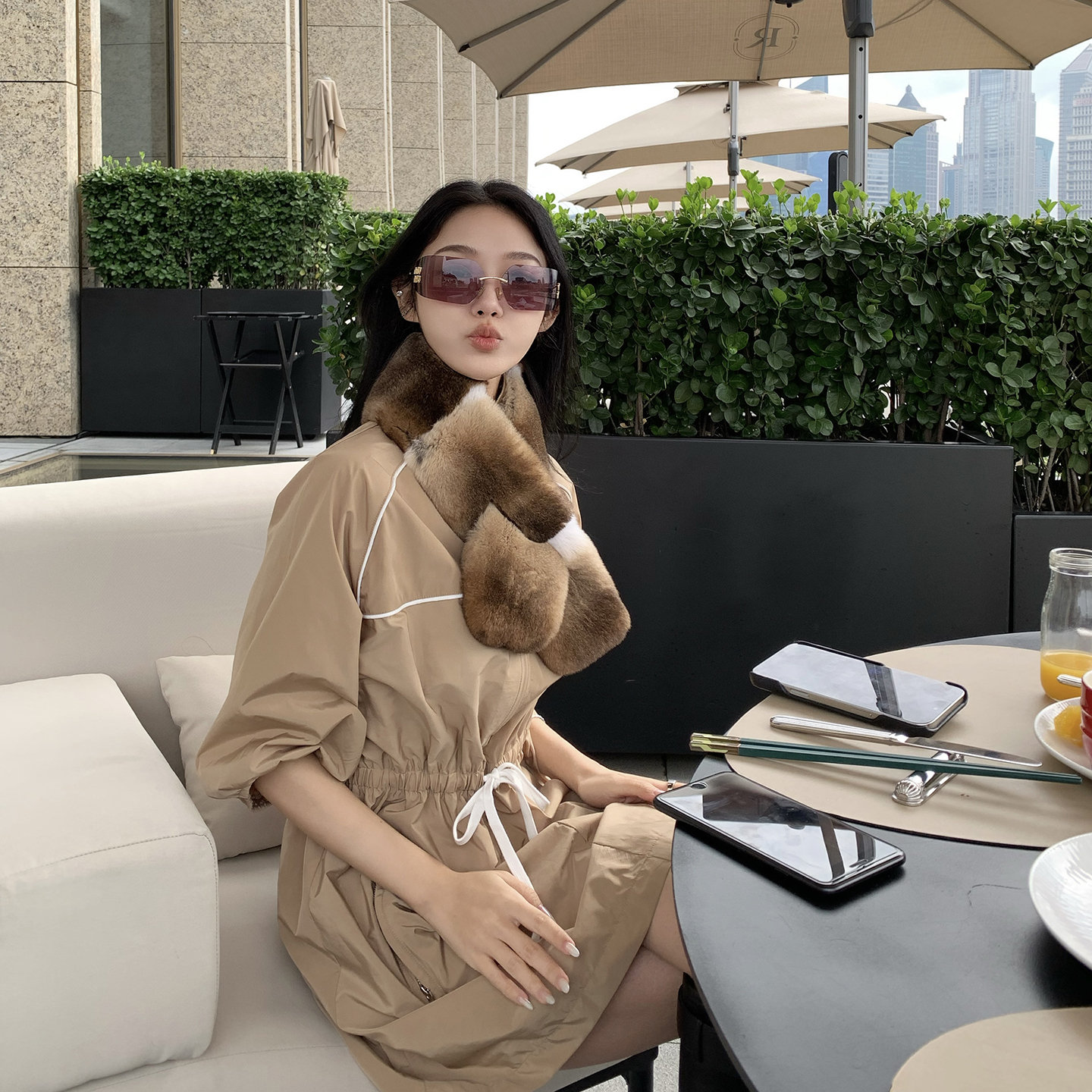 Boamarket 米色连衣裙女秋冬新款收腰宽松五分袖休闲时尚内搭裙子