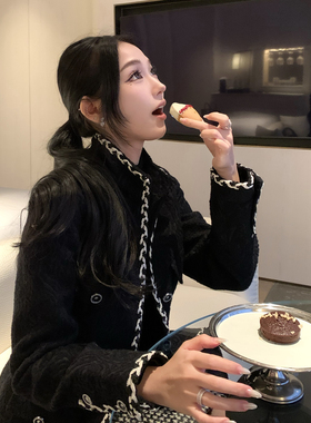 Boamarket暗纹黑色大衣毛呢外套女加厚秋冬季加长款正肩呢子大衣