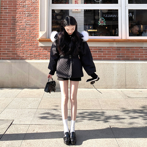 Boamarket 狐狸毛收腰羽绒服高端菱格显瘦女冬连帽大毛领外套上衣