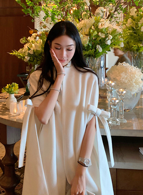 Boamarket 2色蝴蝶结黑白斗篷女毛呢外套女秋冬中长款小个子大衣