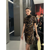 短袖 Boamarket 豹纹弹力针织连衣裙女秋冬新款 内搭时髦女人味裙子