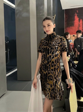 Boamarket 豹纹弹力针织连衣裙女秋冬新款短袖内搭时髦女人味裙子