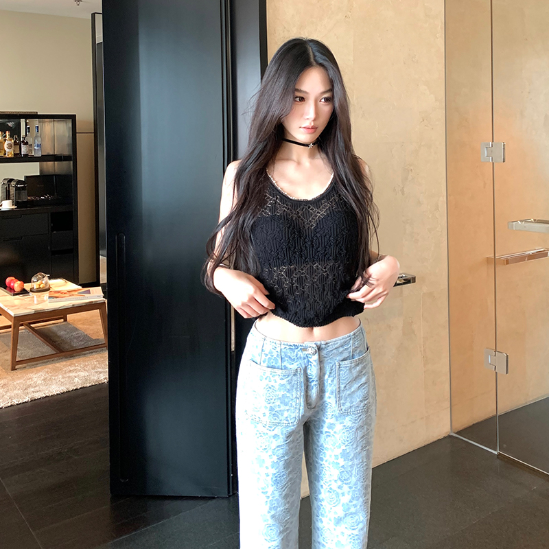 Boamarket开发印花面料 小香山茶花牛仔裤女夏季新款宽松阔腿裤子