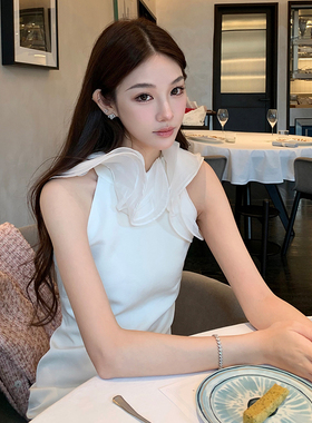 Boamarket【羽化仙】波浪边白色连衣裙女新款挂脖气质小众设计感