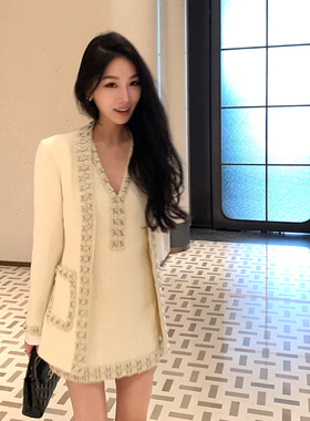 Boamarket手工坊大都会系列米白2件套全手工缝制女外套连衣裙套装