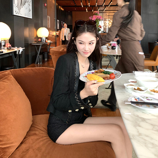 Boamarket 拼皮套装圈圈粗花呢立体镂花珍珠外套小A字半裙两件套