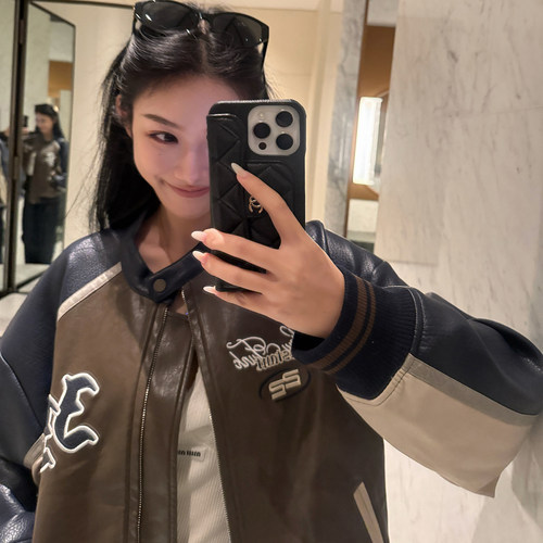 Boamarket 皮衣女冬2025新款休闲美式拼色宽松外套时髦气质皮夹克