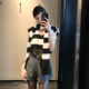 黑白条纹上衣送围巾 灰色高腰短裤 女秋新款 Boamarket 时尚 两件套